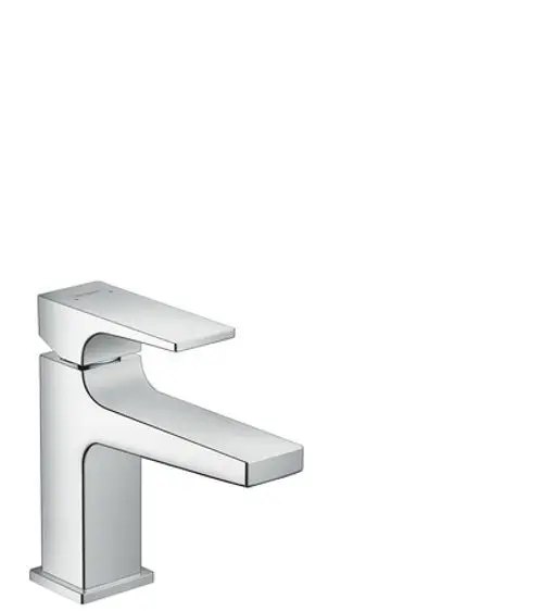 Einhebel-Waschtischmischer aus Chrom von Hansgrohe mit flachem Hebelgriff und abgerundetem Auslauf, geeignet für Handwaschbecken, mit Push-Open Ablaufgarnitur.